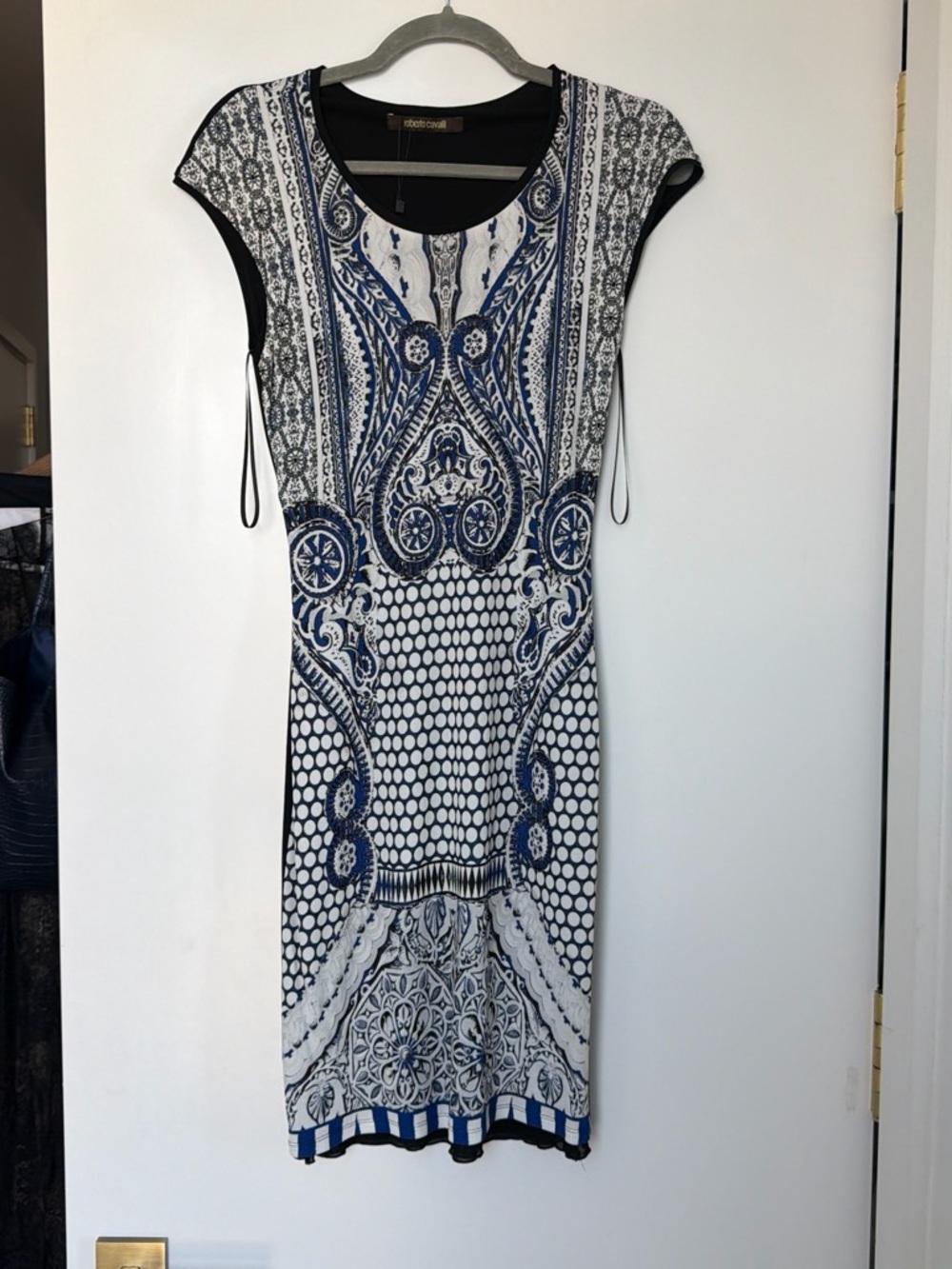 Roberto Cavalli Blue and White Printed Cap-Sleeve Midi Dress